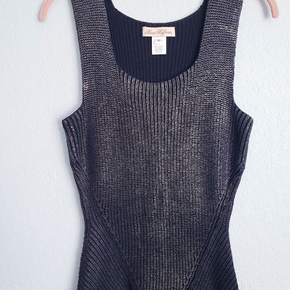 Mara Huffman Black Metallic Knit Ribbed Bodycon Dress with‎ Zipper Details - Picture 4 of 10